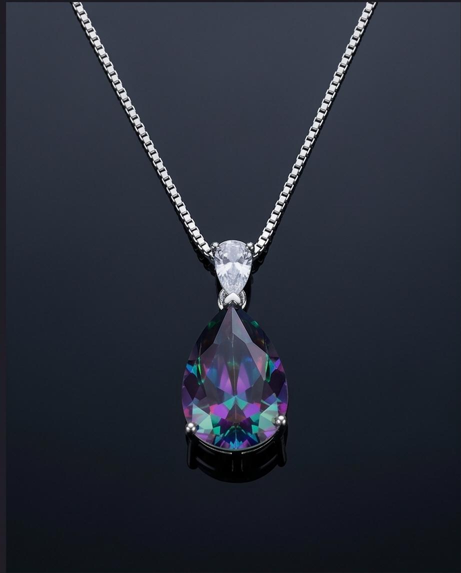 Large Teardrop Mystic Topaz Necklace - White Gold Plated Sterling Silver - Pear 6 CT Rainbow Topaz Pendant #565