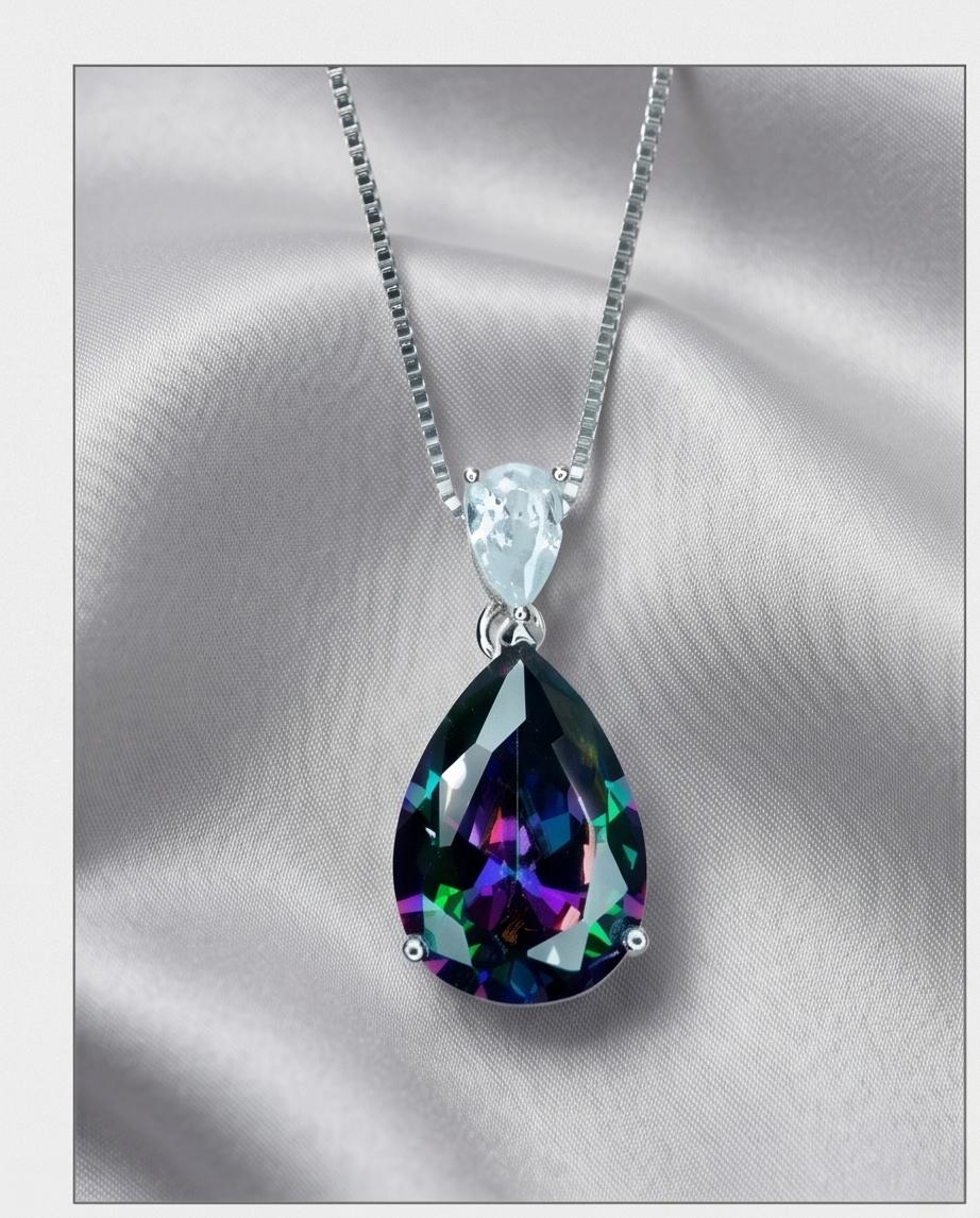 Large Teardrop Mystic Topaz Necklace - White Gold Plated Sterling Silver - Pear 6 CT Rainbow Topaz Pendant #565