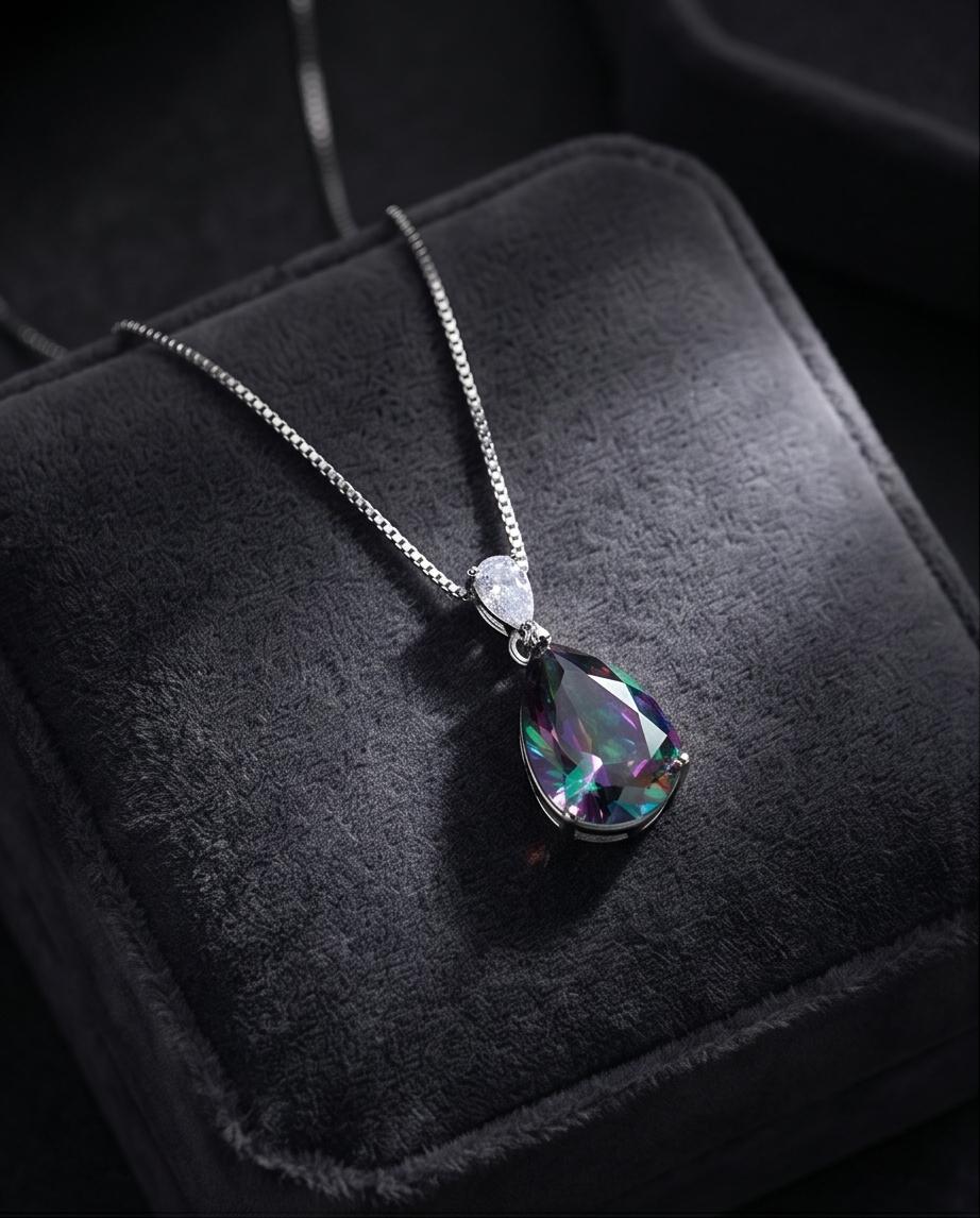 Large Teardrop Mystic Topaz Necklace - White Gold Plated Sterling Silver - Pear 6 CT Rainbow Topaz Pendant #565