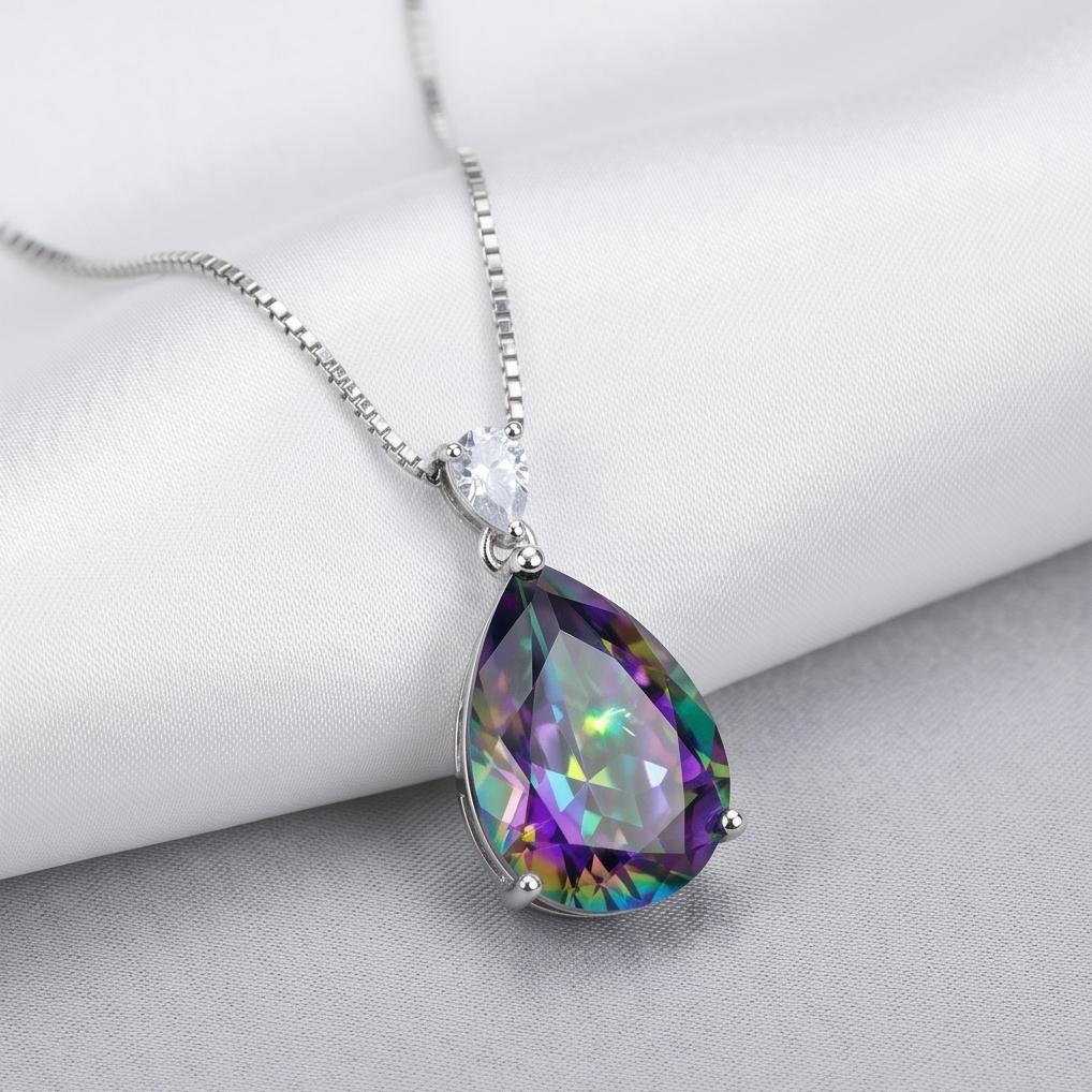 Large Teardrop Mystic Topaz Necklace - White Gold Plated Sterling Silver - Pear 6 CT Rainbow Topaz Pendant #565