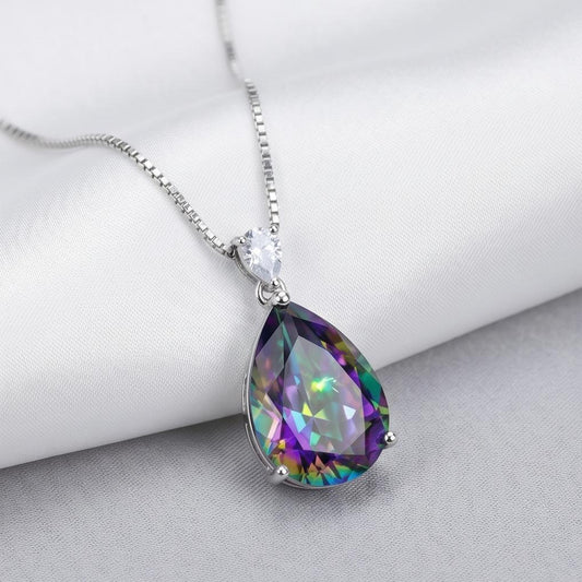 Large Teardrop Mystic Topaz Necklace - White Gold Plated Sterling Silver - Pear 6 CT Rainbow Topaz Pendant #565