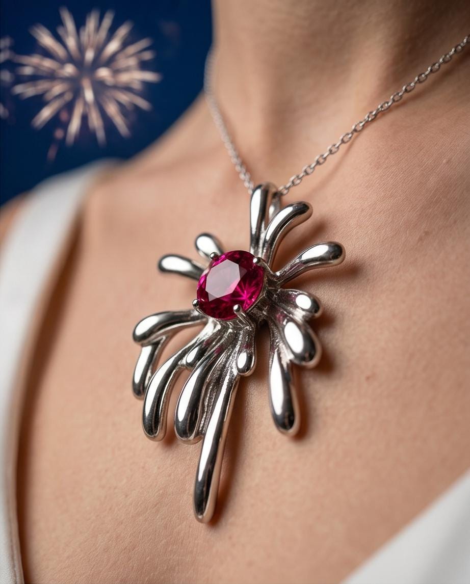 Sterling Silver Firework Ruby Necklace - Firework Necklace - White Gold Plated - July Birthstone - Ruby Jewelry #789