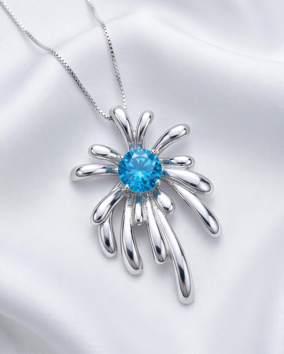 Blue Topaz Necklace - Sterling Silver Firework Necklace - 18KGP - November Birthstone #704