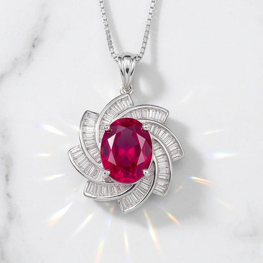 Large Ruby Necklace - Diamond Milky Way Spiral Pendant - 18KGP White Gold Sterling Silver - 3 CT Galaxy Vortexes Windmill Ruby Jewelry #1001