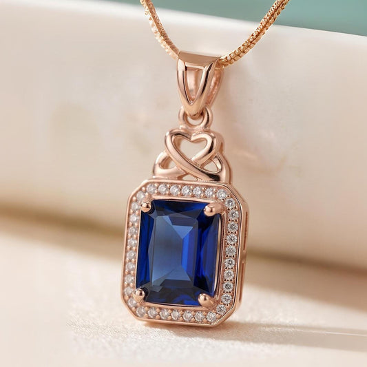 Tanzanite Necklace Rose Gold Sterling Silver 3.5 CT Rectangle Blue Tanzanite Pendant December Birthstone Solitaire Halo #469