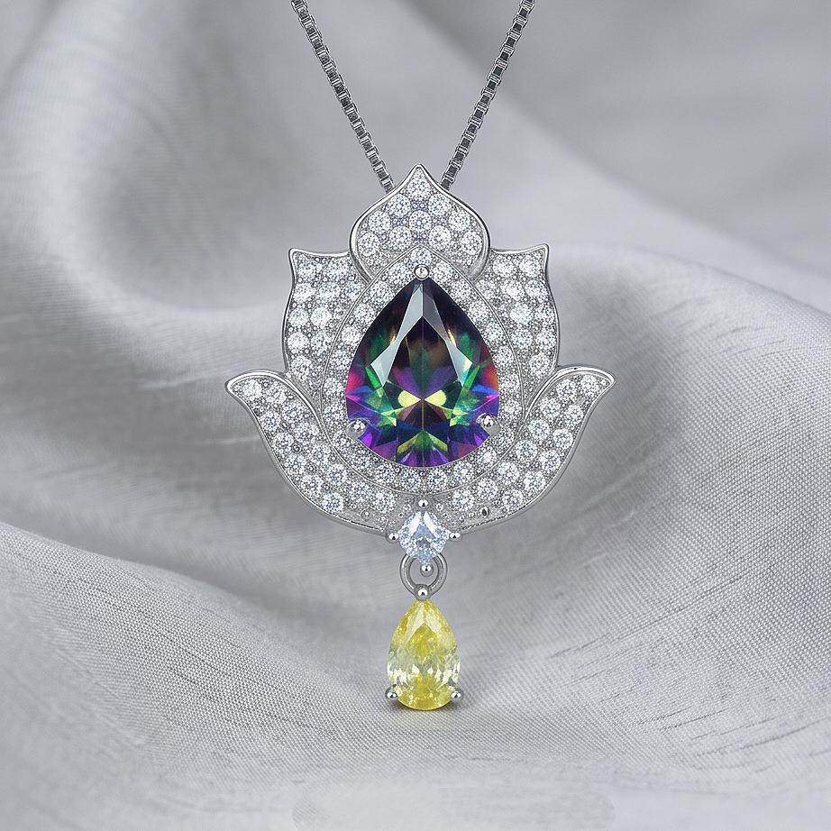 Mystic topaz Diamond Lotus Necklace - 18kgp @ Sterling Silver - Large Rainbow Mystic Topaz Pendant Luxury Flower Pendant #1004