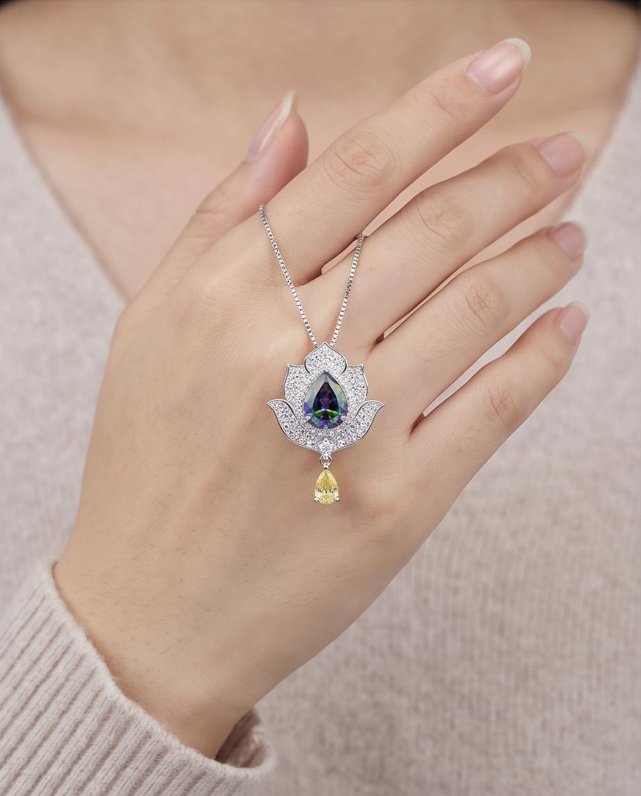 Mystic topaz Diamond Lotus Necklace - 18kgp @ Sterling Silver - Large Rainbow Mystic Topaz Pendant Luxury Flower Pendant #1004