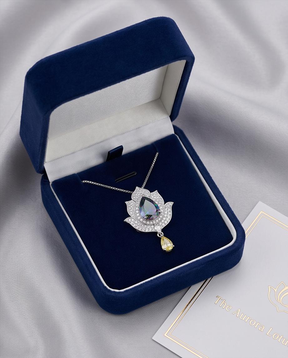 Mystic topaz Diamond Lotus Necklace - 18kgp @ Sterling Silver - Large Rainbow Mystic Topaz Pendant Luxury Flower Pendant #1004