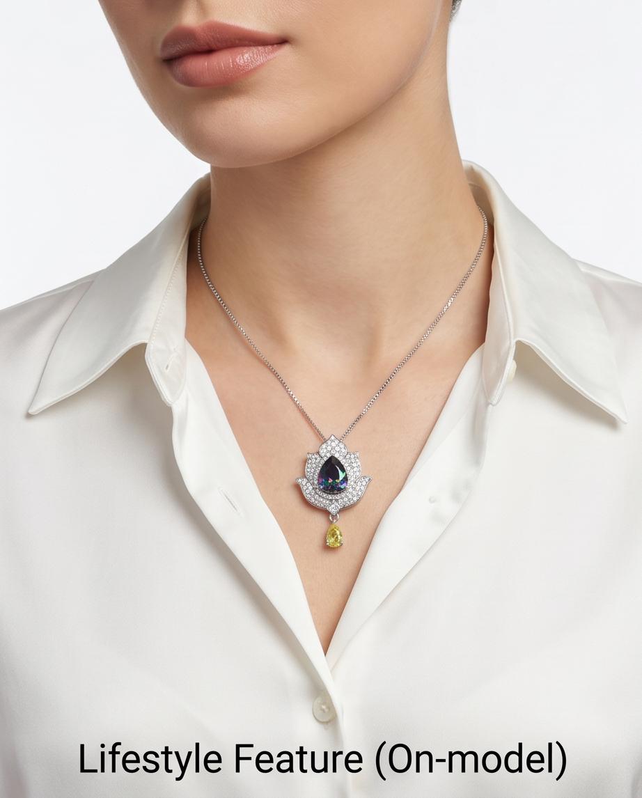 Mystic topaz Diamond Lotus Necklace - 18kgp @ Sterling Silver - Large Rainbow Mystic Topaz Pendant Luxury Flower Pendant #1004