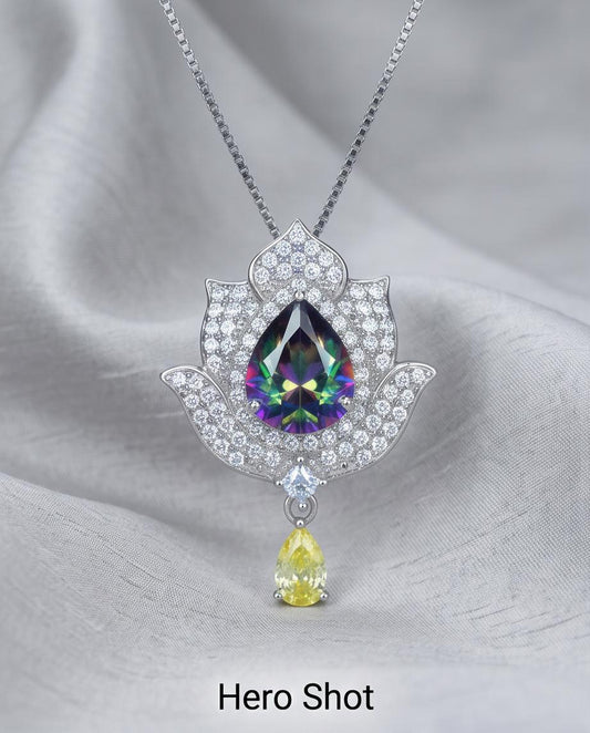 Mystic topaz Diamond Lotus Necklace - 18kgp @ Sterling Silver - Large Rainbow Mystic Topaz Pendant Luxury Flower Pendant #1004