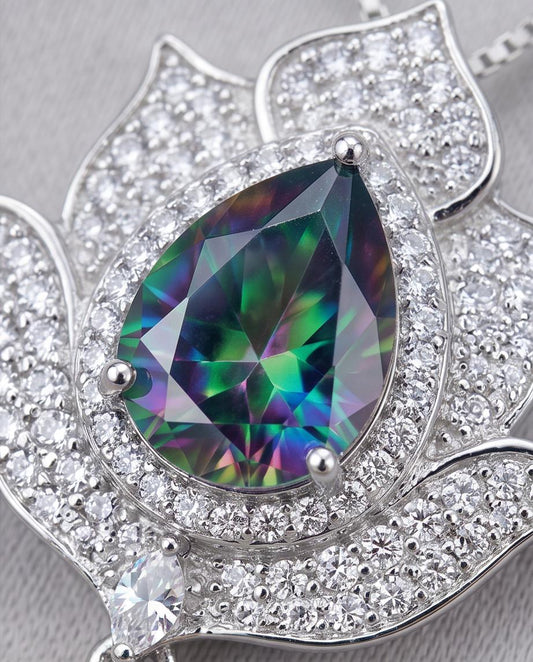 Mystic topaz Diamond Lotus Necklace - 18kgp @ Sterling Silver - Large Rainbow Mystic Topaz Pendant Luxury Flower Pendant #1004
