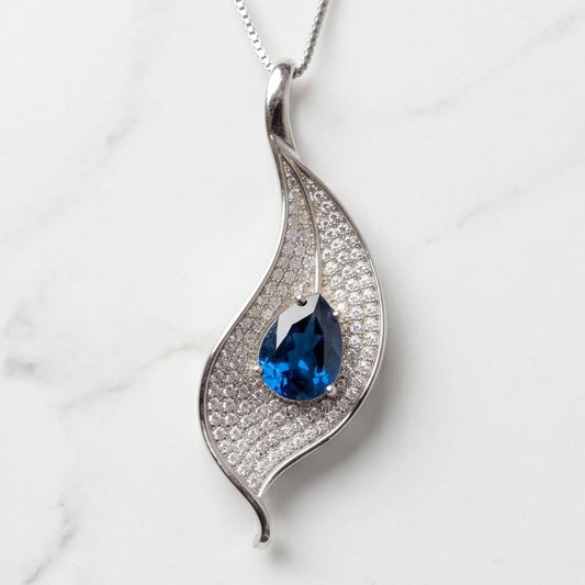 Gemstone Leaf Blue Sapphire Necklace White Gold coated Full Sterling Silver - Large Single 3 CT Teardrop Blue Sapphire Gemstone Jewelry #907