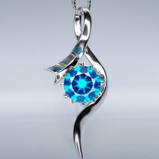 Round Blue Topaz Necklace - Sterling Silver Swirl Bow Infinity 2 CT Blue Topaz Pendant - White Gold coated November Birthstone #470