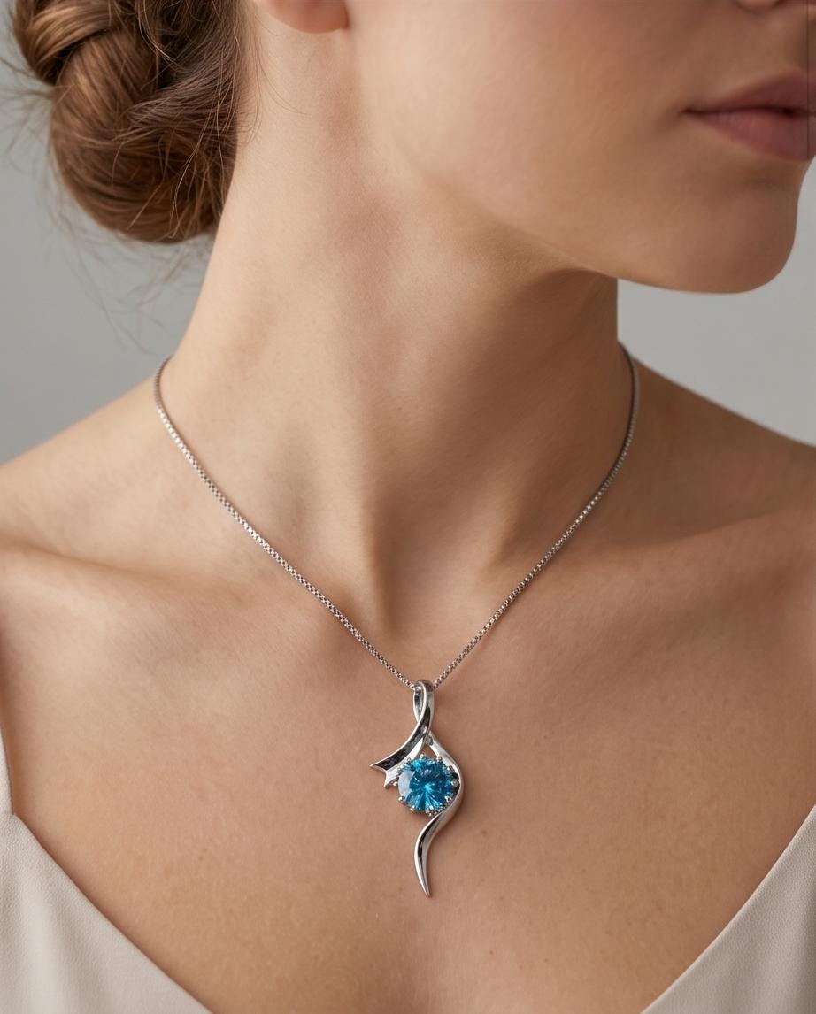 Round Blue Topaz Necklace - Sterling Silver Swirl Bow Infinity 2 CT Blue Topaz Pendant - White Gold coated November Birthstone #470