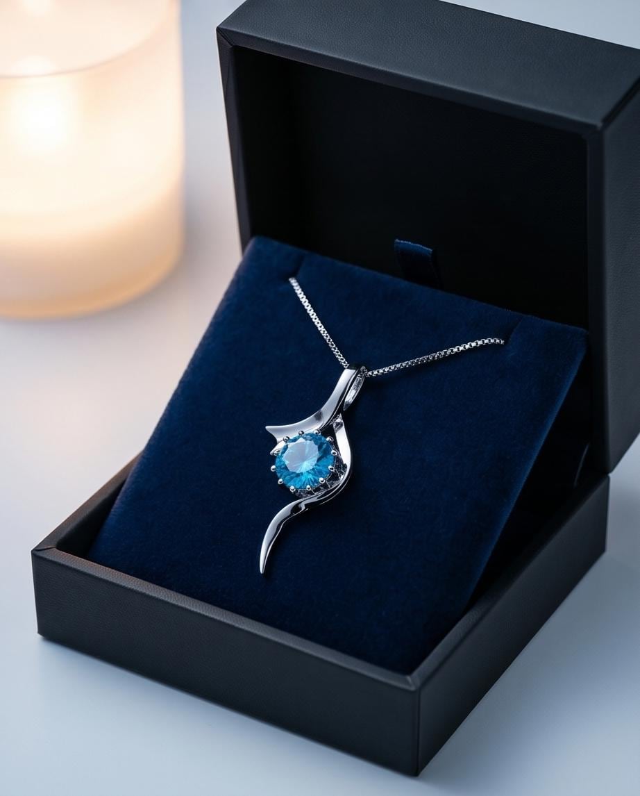 Round Blue Topaz Necklace - Sterling Silver Swirl Bow Infinity 2 CT Blue Topaz Pendant - White Gold coated November Birthstone #470