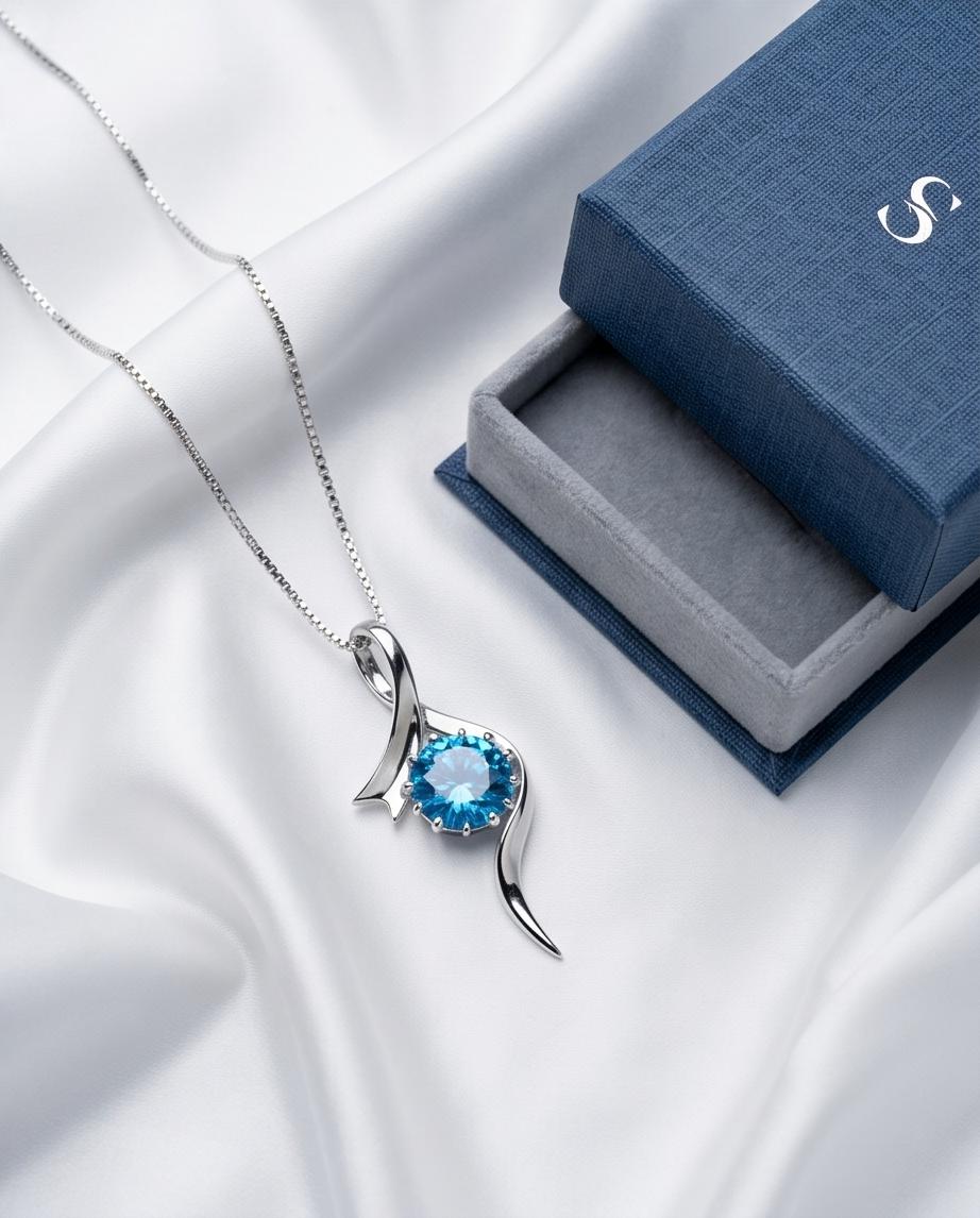 Round Blue Topaz Necklace - Sterling Silver Swirl Bow Infinity 2 CT Blue Topaz Pendant - White Gold coated November Birthstone #470