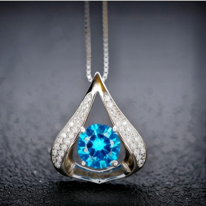 Heart Blue Topaz Necklace - Gemstone Fat Triangle Blue Topaz Pendant - 18KGP & Sterling Silver - 2 Ct Round Cut Blue Topaz Jewelry #583
