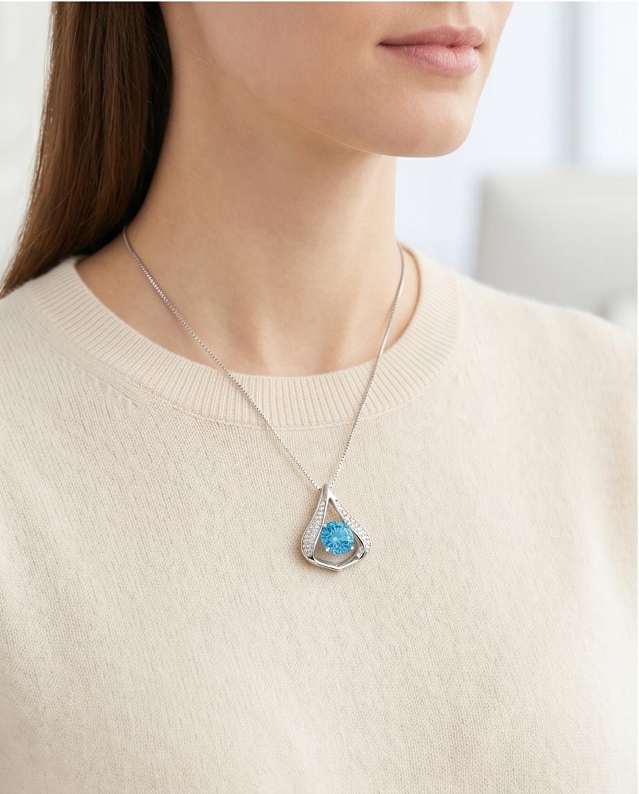 Heart Blue Topaz Necklace - Gemstone Fat Triangle Blue Topaz Pendant - 18KGP & Sterling Silver - 2 Ct Round Cut Blue Topaz Jewelry #583