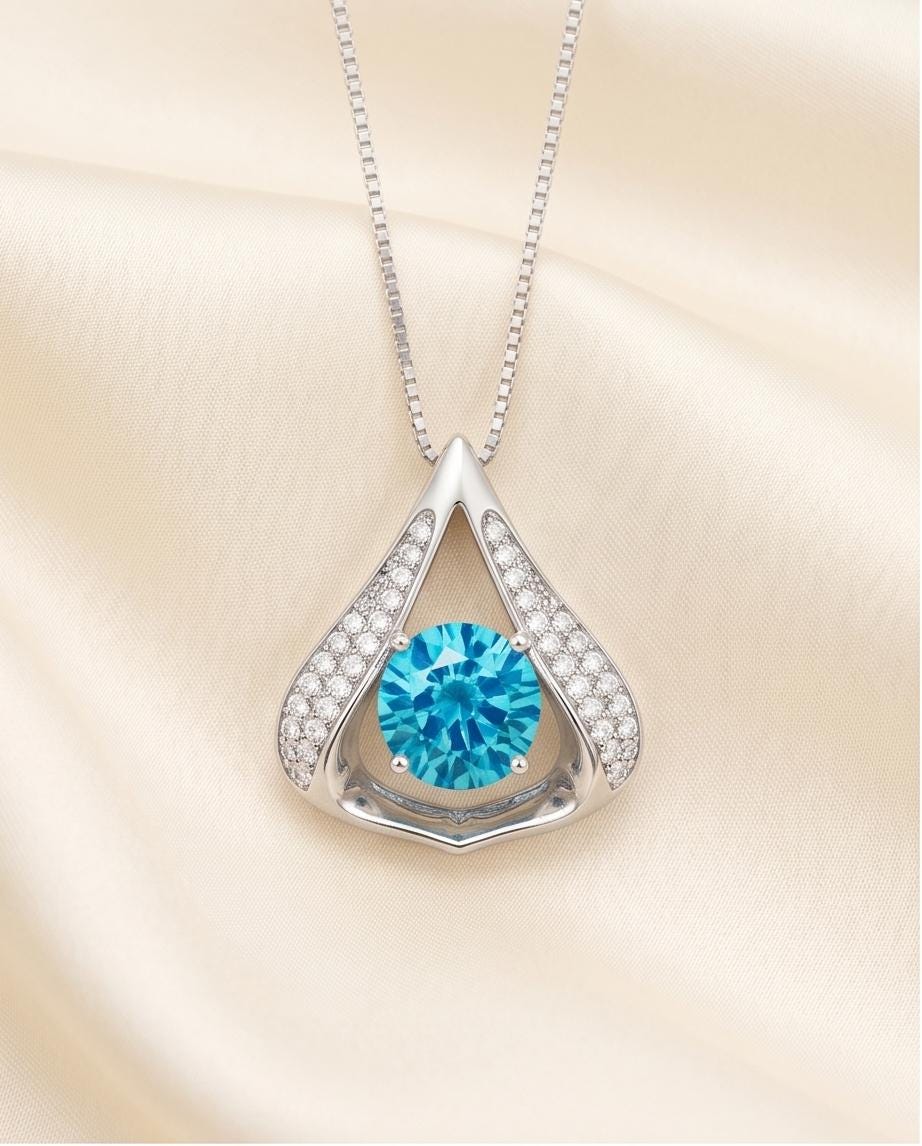 Heart Blue Topaz Necklace - Gemstone Fat Triangle Blue Topaz Pendant - 18KGP & Sterling Silver - 2 Ct Round Cut Blue Topaz Jewelry #583