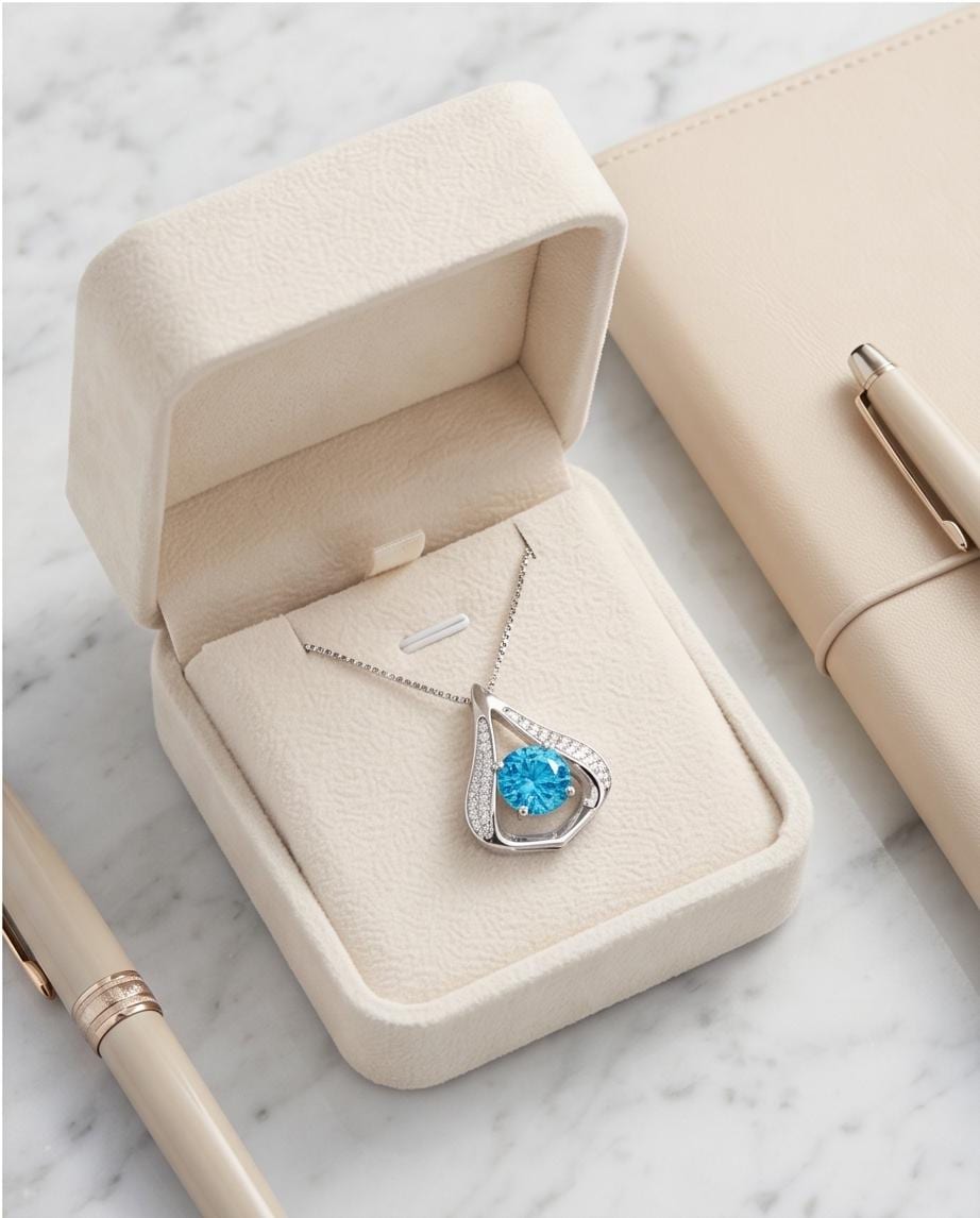 Heart Blue Topaz Necklace - Gemstone Fat Triangle Blue Topaz Pendant - 18KGP & Sterling Silver - 2 Ct Round Cut Blue Topaz Jewelry #583