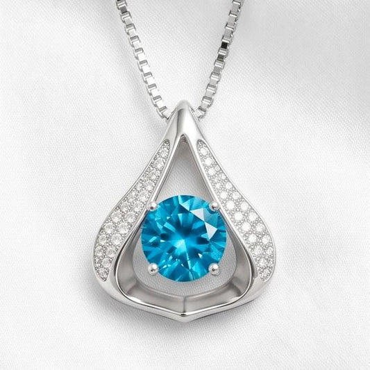 Heart Blue Topaz Necklace - Gemstone Fat Triangle Blue Topaz Pendant - 18KGP & Sterling Silver - 2 Ct Round Cut Blue Topaz Jewelry #583
