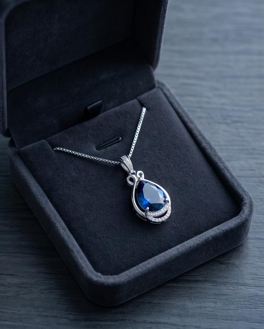 Teardrop Tanzanite Necklace - White gold coated Sterling Silver 2 CT Blue Tanzanite Jewelry #480