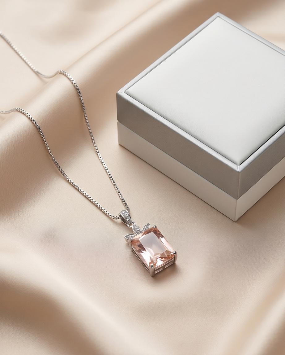Morganite Necklace - Large Rectangular Pink Morganite Pendant - Royal Flower - Sterling Silver - 5 Ct Rose Color Lab Morganite Jewelry #665