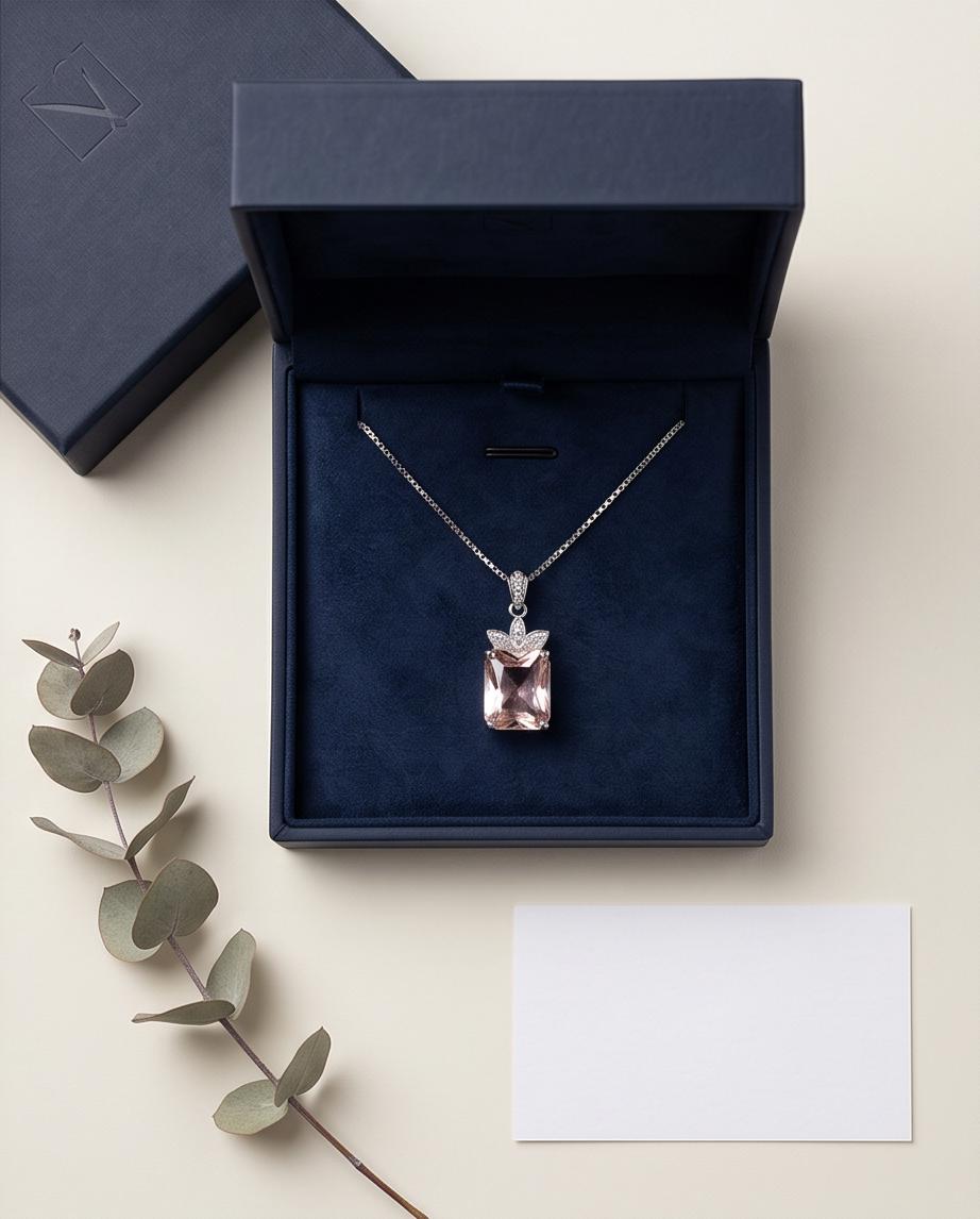 Morganite Necklace - Large Rectangular Pink Morganite Pendant - Royal Flower - Sterling Silver - 5 Ct Rose Color Lab Morganite Jewelry #665