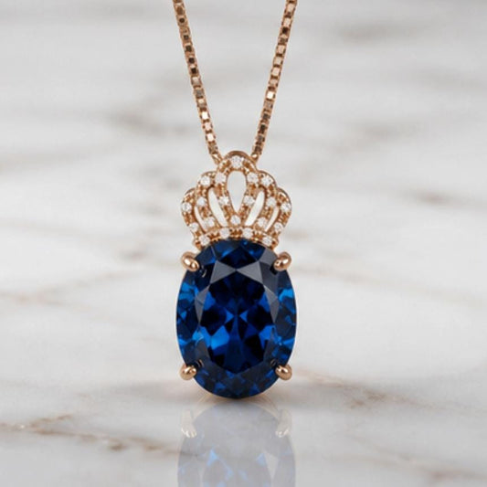 Sapphire Necklace Rose gold Sterling Silver - Large Gemstone Crown - 5 CT Oval Cut Lab Created Blue Sapphire Pendant #829
