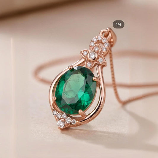 Green Emerald Necklace Rose Gold coated 925 Sterling Silver Oval May Birthstone Life of Flower Pendant #946