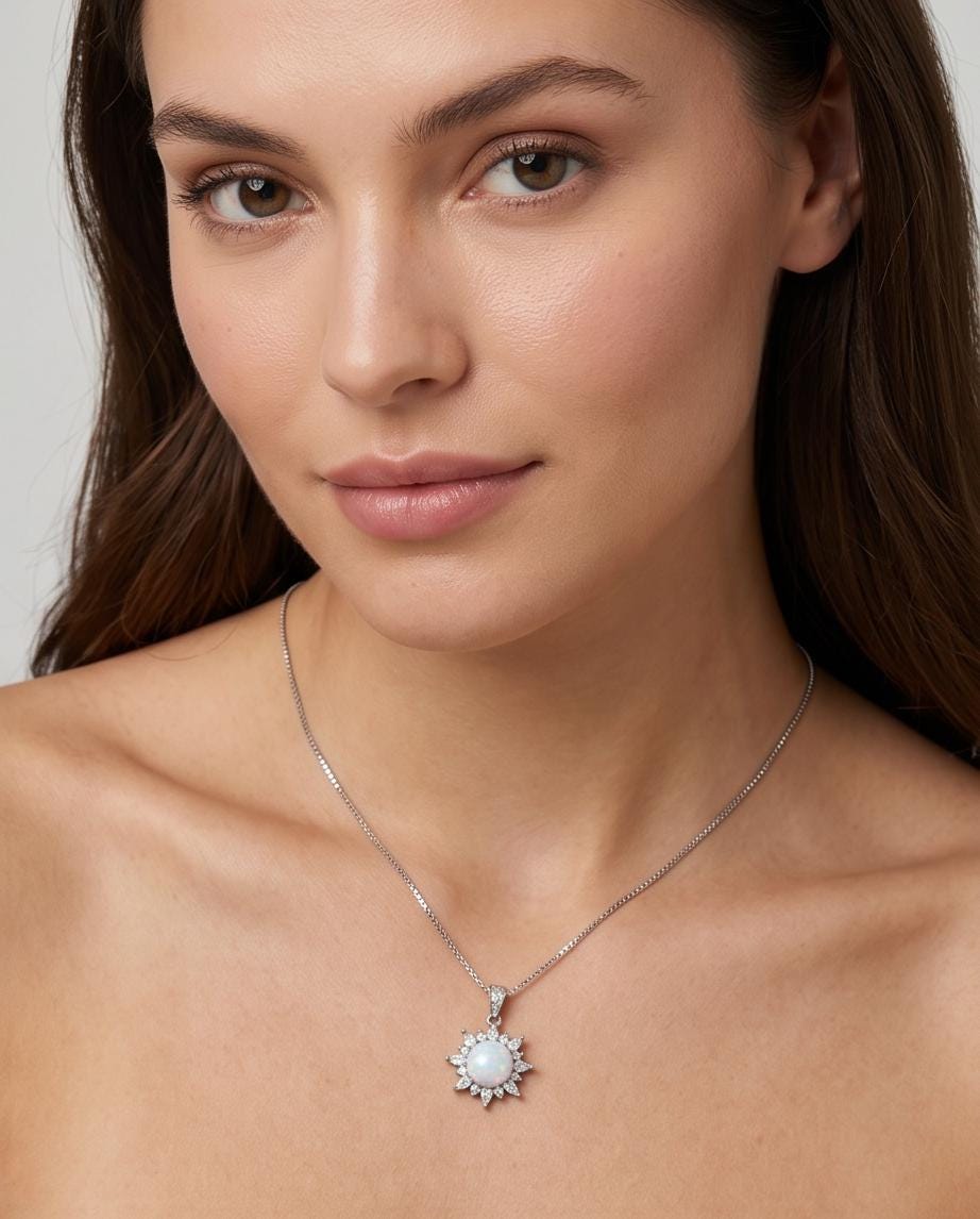 Opal Sunburst Pendant, Sterling Silver Flower Necklace, White Opal Halo Necklace, Celestial Jewelry, Dainty Adjustable Chain, Gift for Her