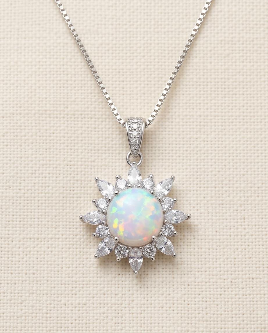 Opal Sunburst Pendant, Sterling Silver Flower Necklace, White Opal Halo Necklace, Celestial Jewelry, Dainty Adjustable Chain, Gift for Her