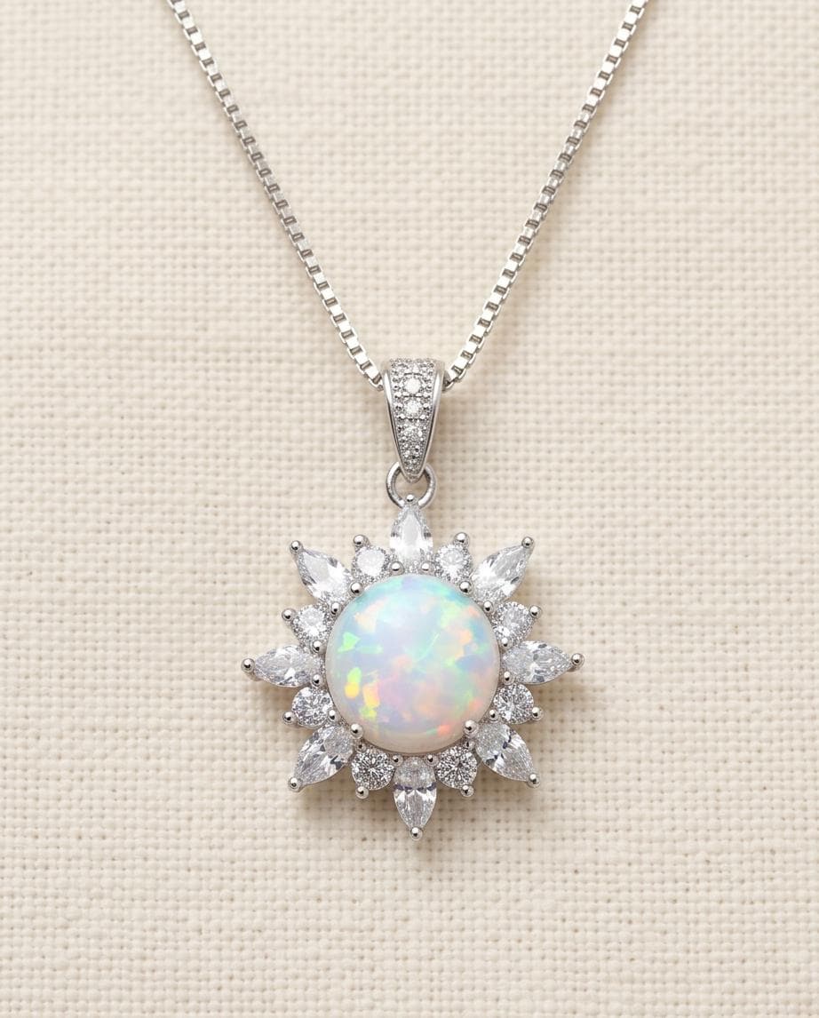 Opal Sunburst Pendant, Sterling Silver Flower Necklace, White Opal Halo Necklace, Celestial Jewelry, Dainty Adjustable Chain, Gift for Her
