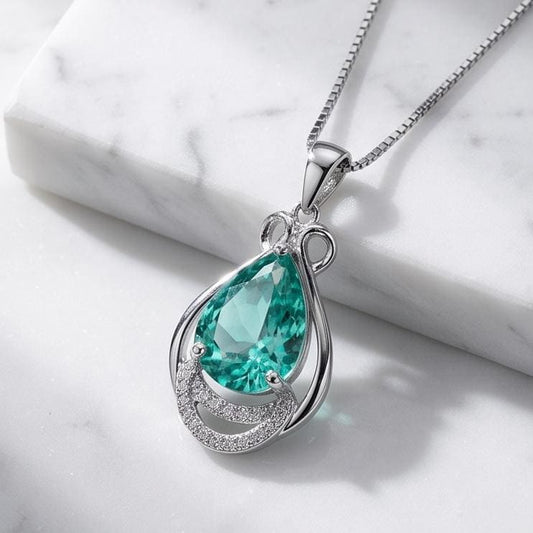 Teardrop Green Paraiba Necklace - 18kgp @ Sterling Silver - Pear Cut Green Tourmaline Pendant #945