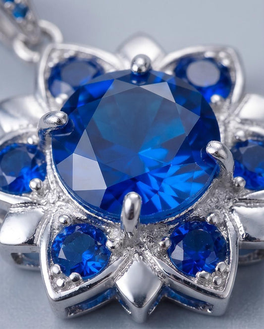 Blue Corundum @ Blue Sapphire Necklace - Blue Sapphire Pendant - 18KGP @ Sterling Silver - Unique Blue corundum 6 Petal Flower Necklace #695