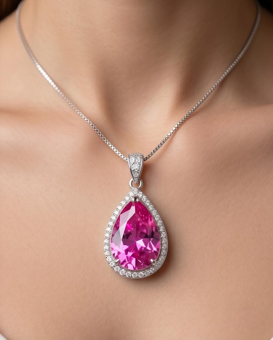 Large Teardrop Pink Sapphire Necklace - Sterling Silver Fuchsia Large 5 CT Pink Sapphire Pendant - White Gold Fuchsia Gemstone Jewelry #746
