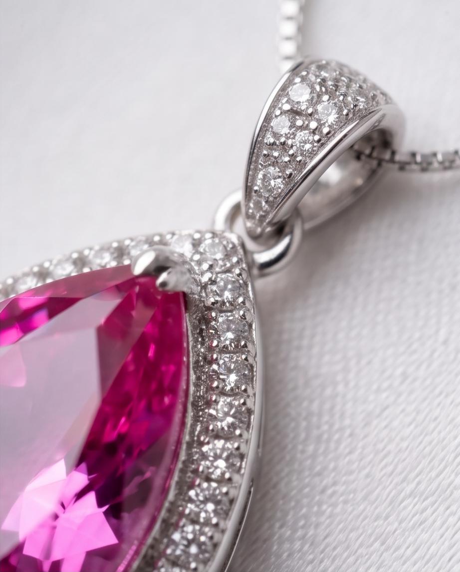 Large Teardrop Pink Sapphire Necklace - Sterling Silver Fuchsia Large 5 CT Pink Sapphire Pendant - White Gold Fuchsia Gemstone Jewelry #746