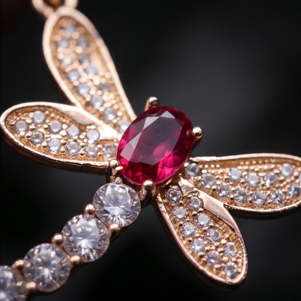 Dragonfly Ruby Necklace - Rose Gold Coated 925 Sterling Silver - July Birthstone oval cut red ruby 16" ~20" Chain #337