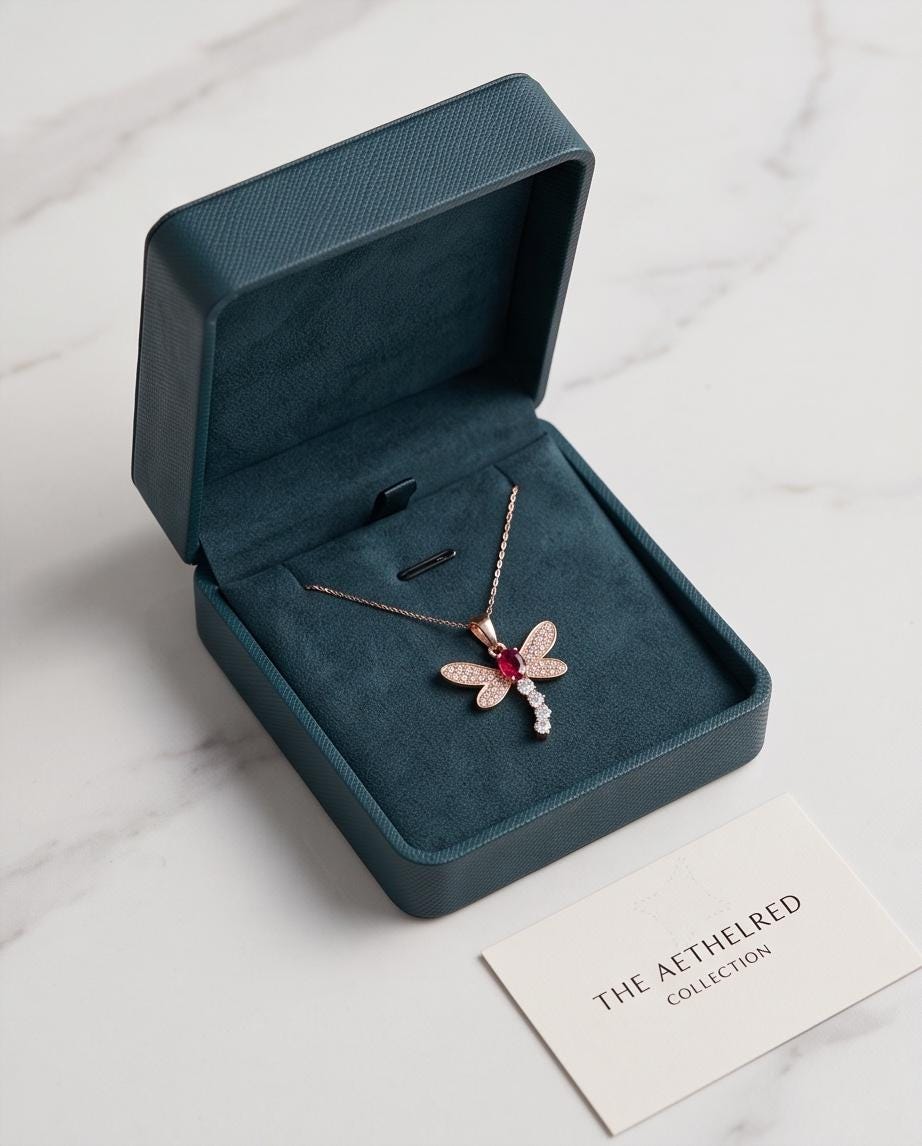 Dragonfly Ruby Necklace - Rose Gold Coated 925 Sterling Silver - July Birthstone oval cut red ruby 16" ~20" Chain #337