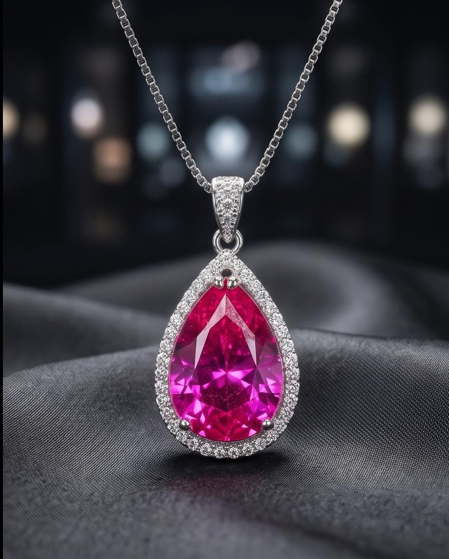 Large Teardrop Pink Sapphire Necklace - Sterling Silver Fuchsia Large 5 CT Pink Sapphire Pendant - White Gold Fuchsia Gemstone Jewelry #746
