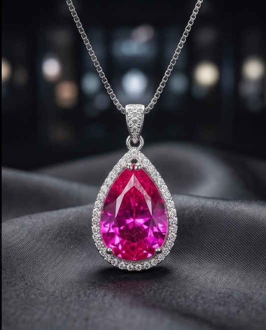 Large Teardrop Pink Sapphire Necklace - Sterling Silver Fuchsia Large 5 CT Pink Sapphire Pendant - White Gold Fuchsia Gemstone Jewelry #746
