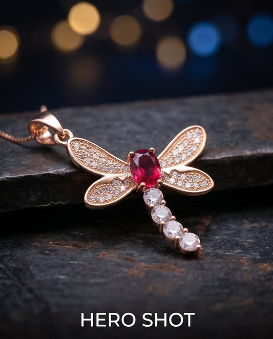 Dragonfly Ruby Necklace - Rose Gold Coated 925 Sterling Silver - July Birthstone oval cut red ruby 16" ~20" Chain #337
