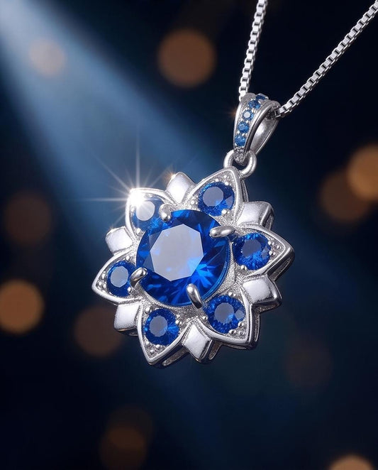 Blue Corundum @ Blue Sapphire Necklace - Blue Sapphire Pendant - 18KGP @ Sterling Silver - Unique Blue corundum 6 Petal Flower Necklace #695