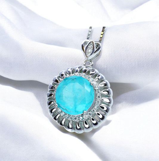 Large Paraiba Necklace - 18KGP @ Sterling Silver - Sunflower Style - 5 ct Blue Paraiba Tourmaline Pendant #406