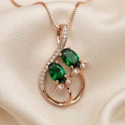 Emerald Necklace - Rose Gold Coated Sterling Silver - Leaf Flower Double Green Gemstone - May Birthstone - Dainty Emerald Pendant #260