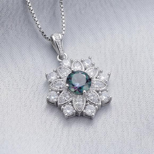 Mystic Topaz Necklace - Gemstone Snow Flower Pendant - Sterling Silver Round 6mm Mystic Topaz Pendant - 18KGP Double halo style #497