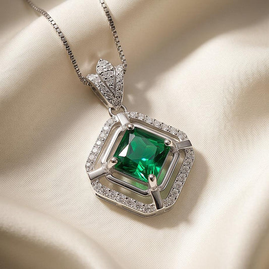 Emerald Pendant Necklace in 925 Sterling Silver Overlap Square Design May Birthstone 18K white yellow rose Gold Plated Gemstone Jewelry 249