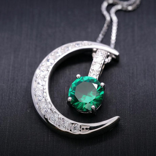Crescent Moon Emerald Necklace - Sterling Silver One Necklace Two wear - Green Emerald Pendant - White Gold Plated #228