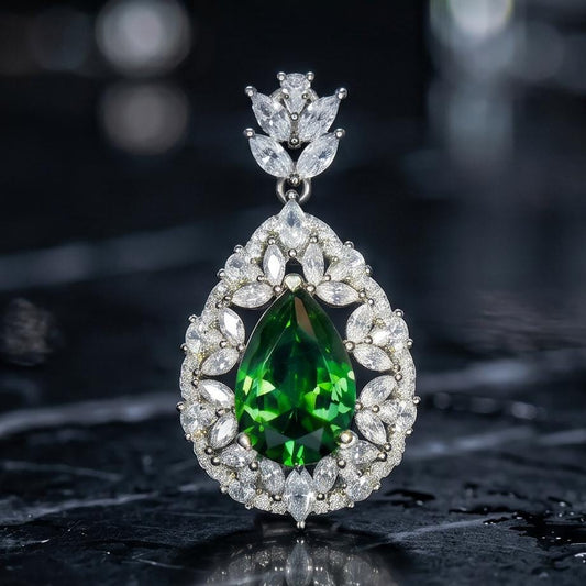 Chrome Diopside Necklace - Diamond Flourishing Wheat Style - Teardrop Pear Cut - 18KGP @ Sterling Silver - 3 CT Green Diopside Pendant #885
