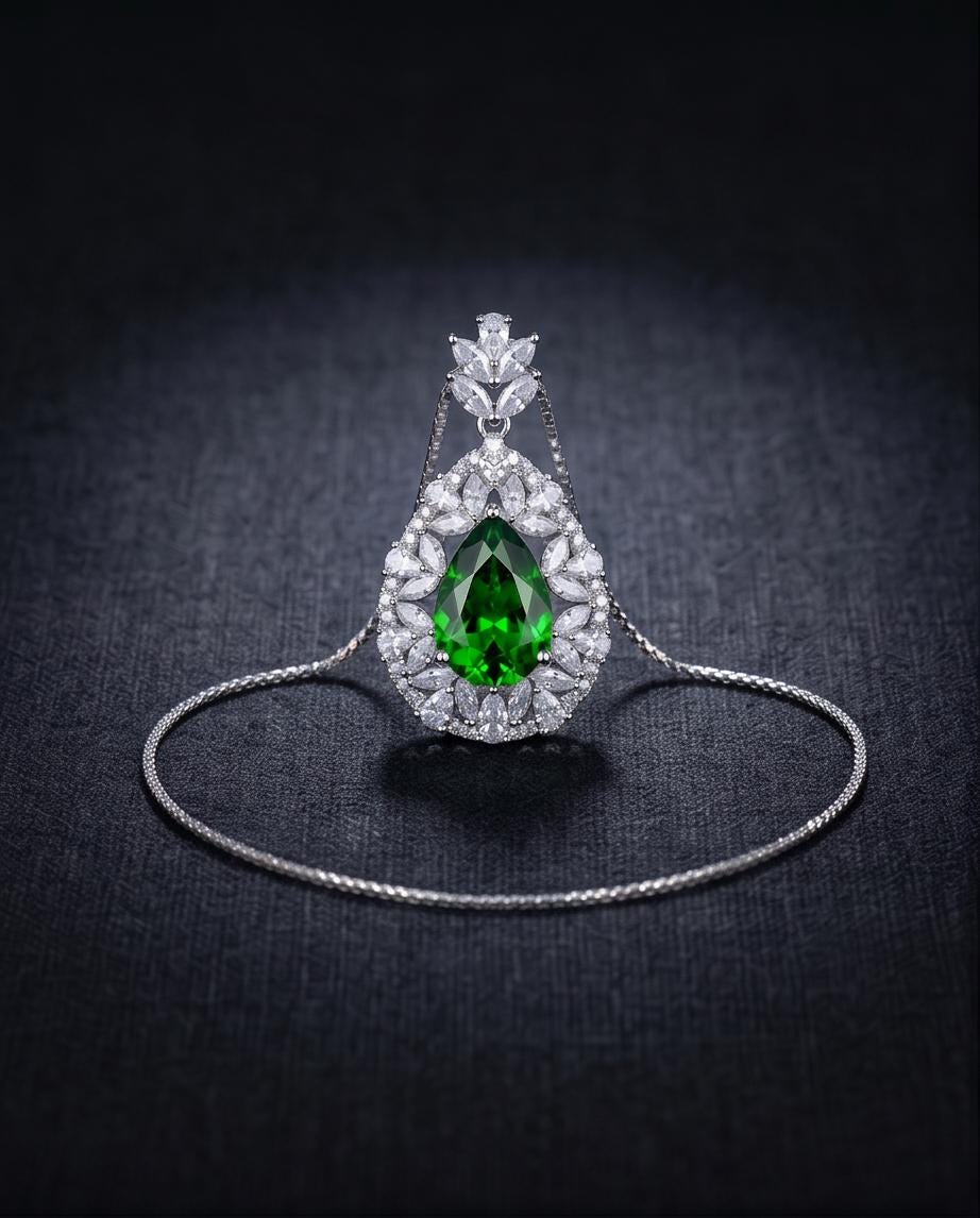 Chrome Diopside Necklace - Diamond Flourishing Wheat Style - Teardrop Pear Cut - 18KGP @ Sterling Silver - 3 CT Green Diopside Pendant #885